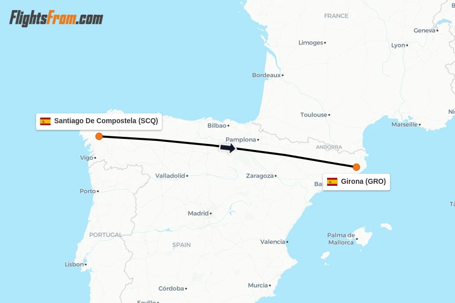 Flights from Santiago De Compostela to Girona route map