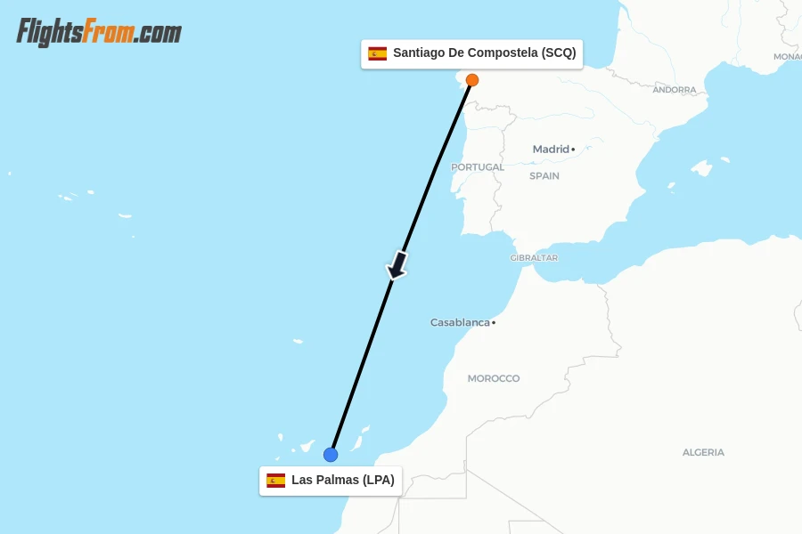 Flights from Santiago De Compostela to Las Palmas route map