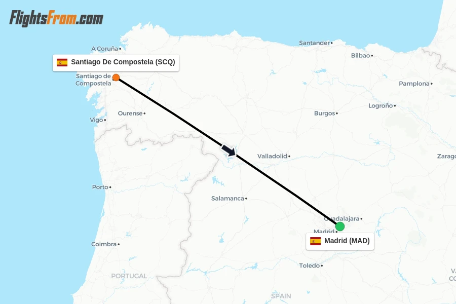 Flights from Santiago De Compostela to Madrid route map