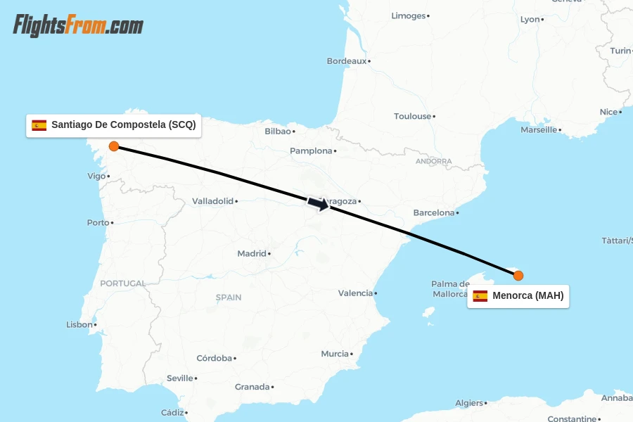 Flights from Santiago De Compostela to Menorca route map