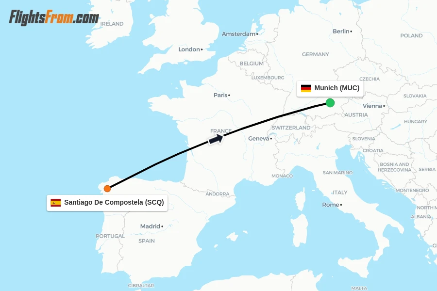 Flights from Santiago De Compostela to Munich route map