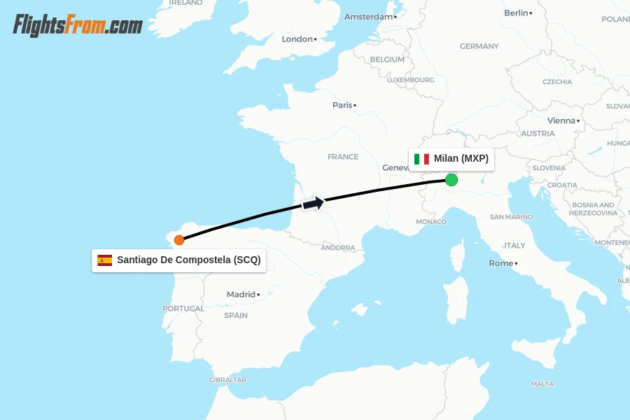 Flights from Santiago De Compostela to Milan route map