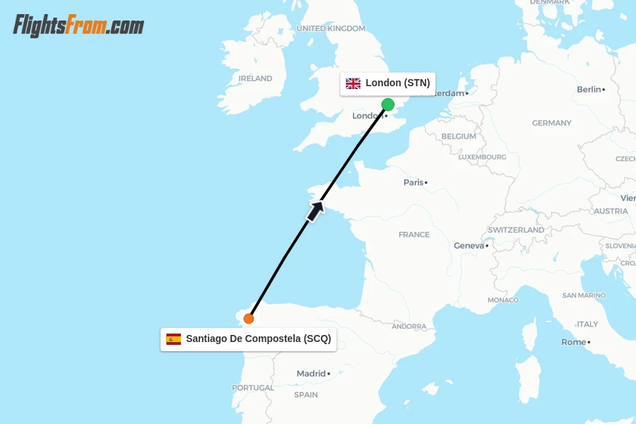 Flights from Santiago De Compostela to London route map