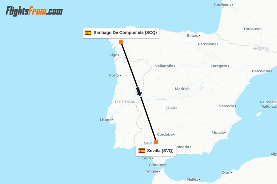 Flights from Santiago De Compostela to Sevilla route map