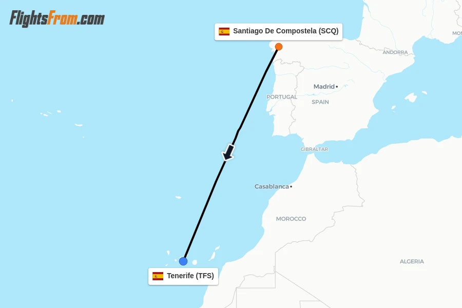 Flights from Santiago De Compostela to Tenerife route map