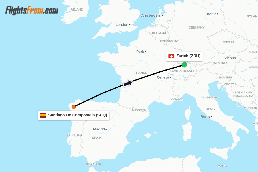 Flights from Santiago De Compostela to Zurich route map