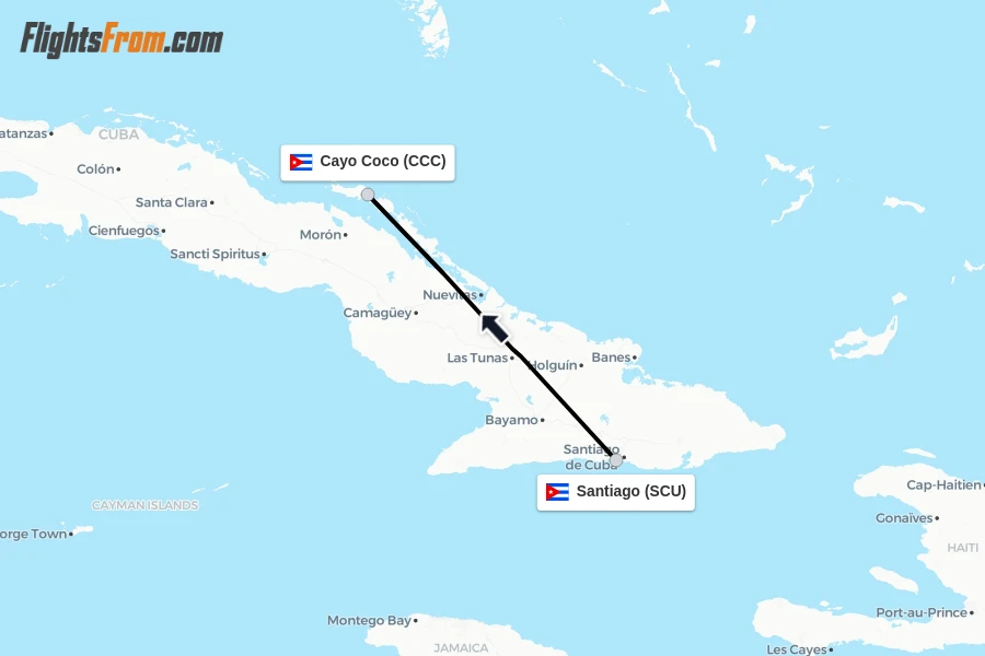 Flights from Santiago to Cayo Coco route map