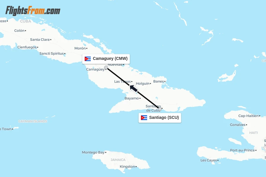 Flights from Santiago to Camaguey route map