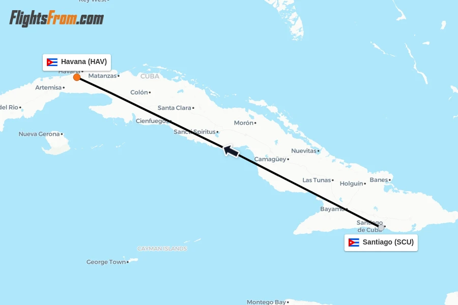 Flights from Santiago to Havana route map