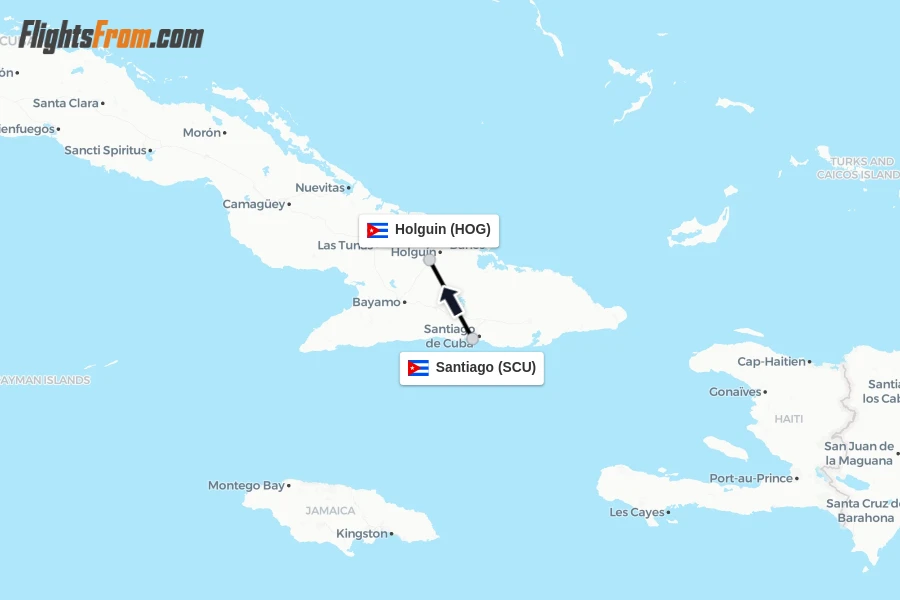 Flights from Santiago to Holguin route map