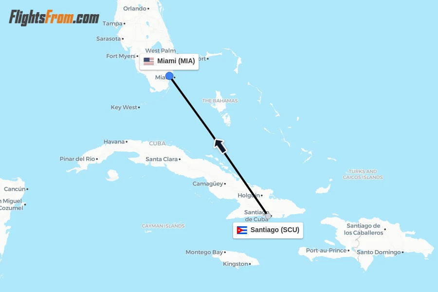 Flights from Santiago to Miami route map
