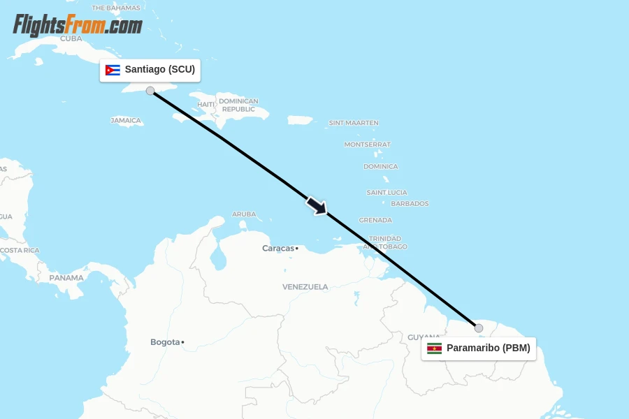 Flights from Santiago to Paramaribo route map