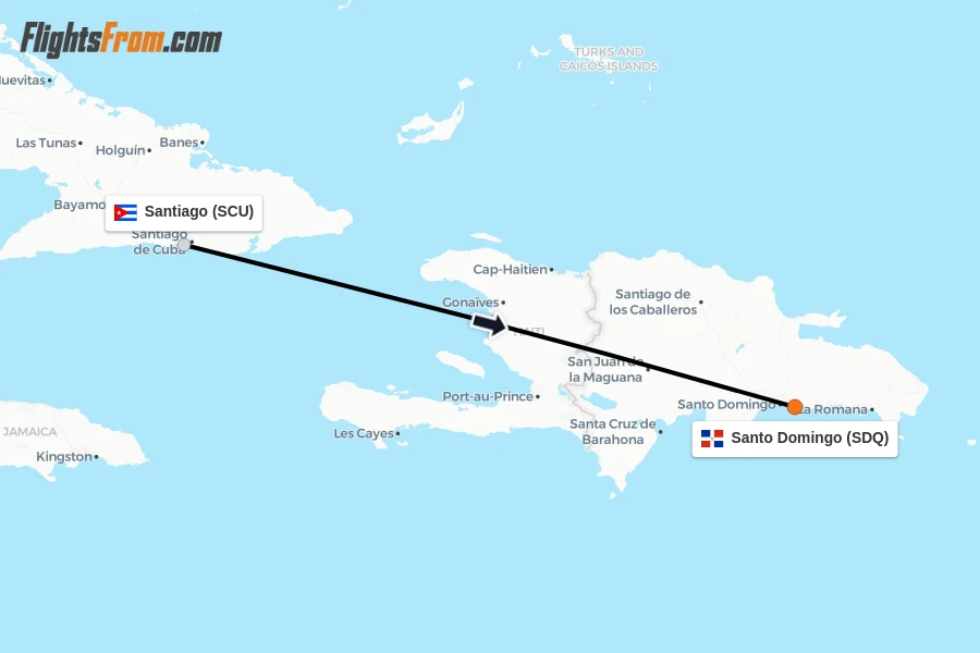 Flights from Santiago to Santo Domingo route map