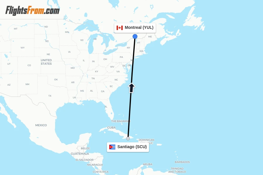 Flights from Santiago to Montreal route map