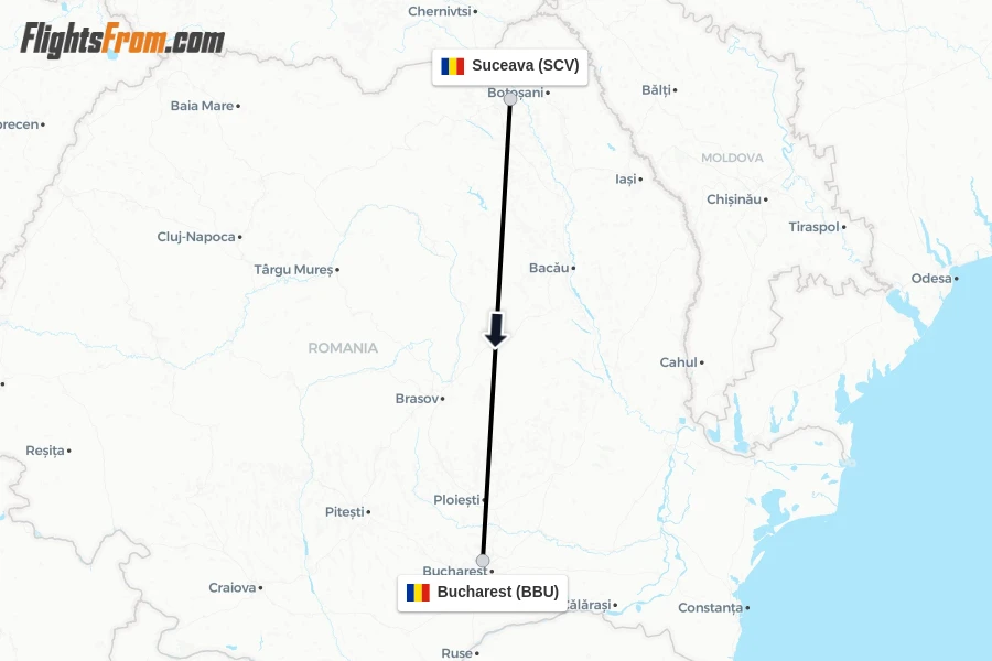 Flights from Suceava to Bucharest route map