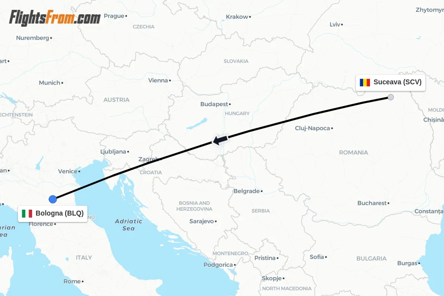 Flights from Suceava to Bologna route map