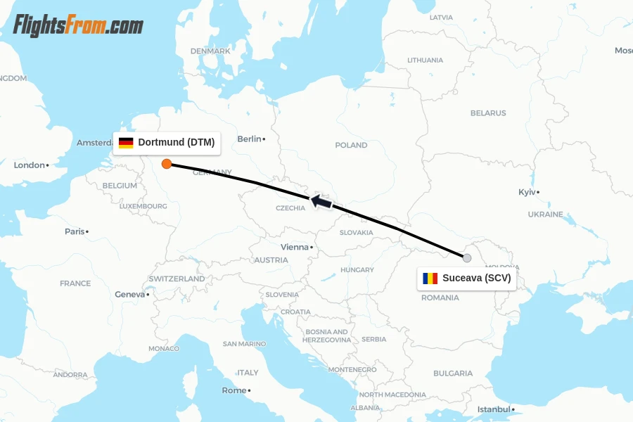 Flights from Suceava to Dortmund route map