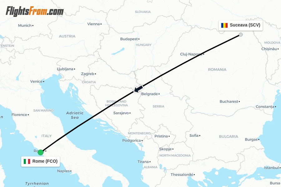 Flights from Suceava to Rome route map