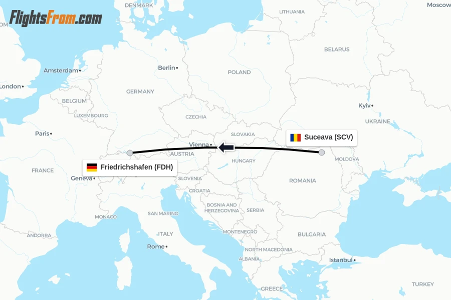 Flights from Suceava to Friedrichshafen route map