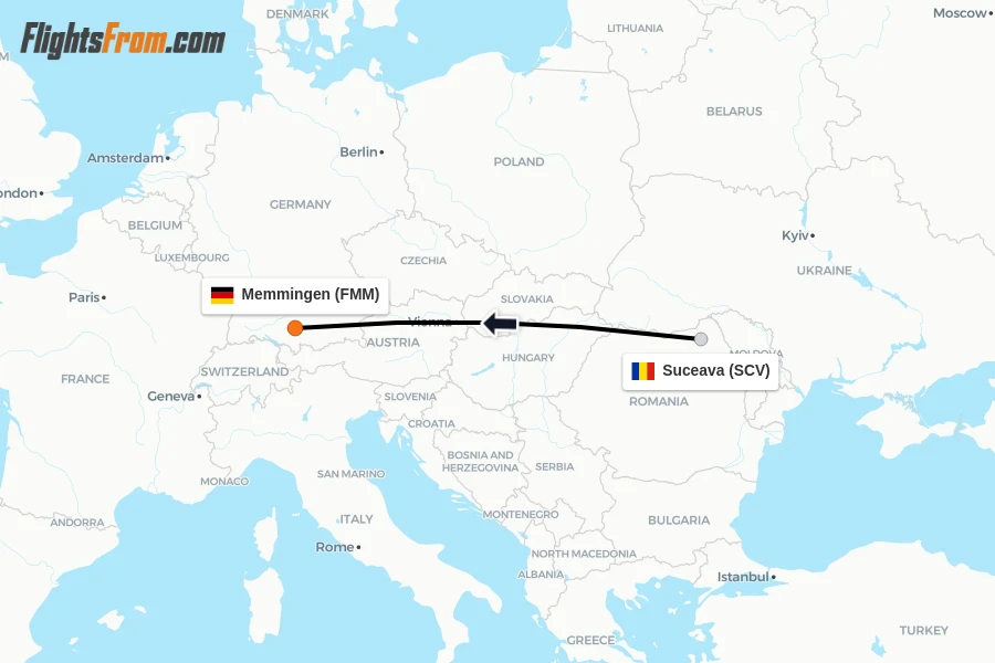 Flights from Suceava to Memmingen route map