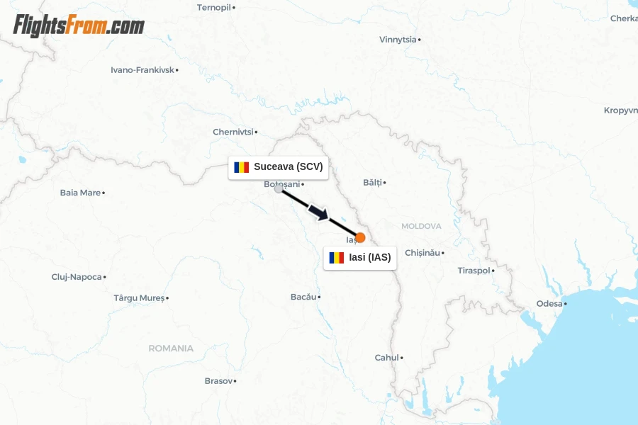 Flights from Suceava to Iasi route map