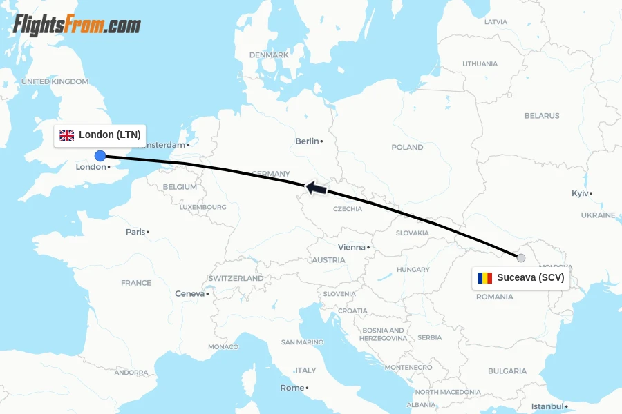 Flights from Suceava to London route map