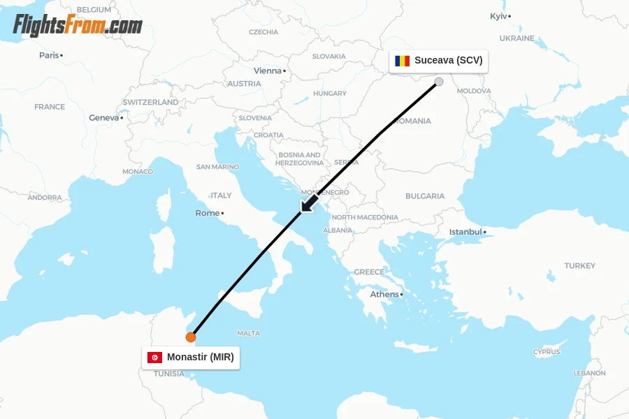 Flights from Suceava to Monastir route map