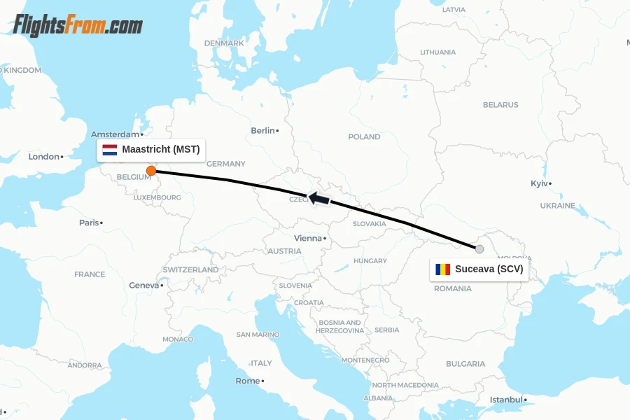 Flights from Suceava to Maastricht route map