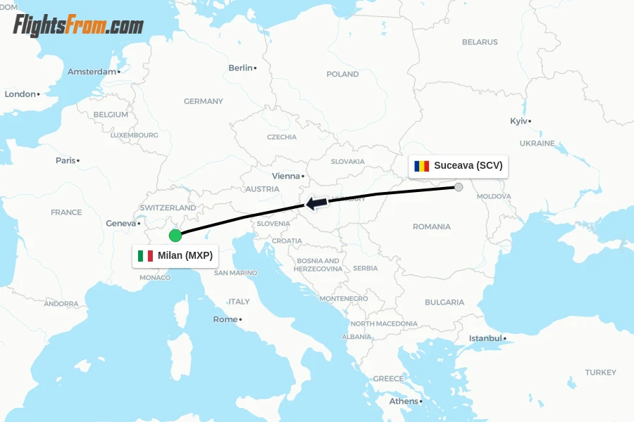 Flights from Suceava to Milan route map