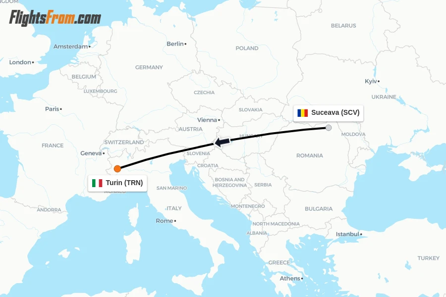Flights from Suceava to Turin route map