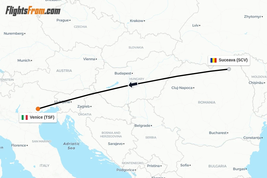 Flights from Suceava to Venice route map