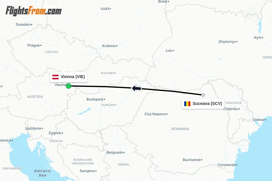 Flights from Suceava to Vienna route map