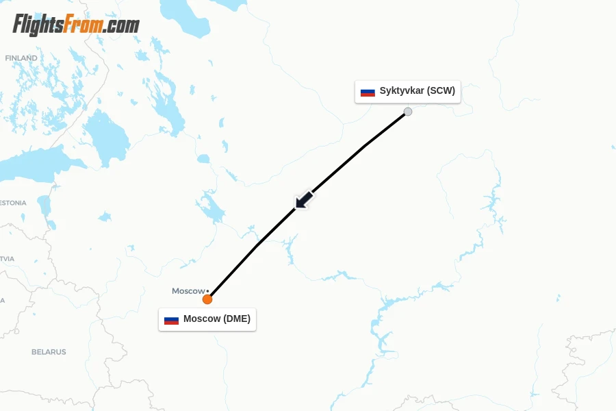 Flights from Syktyvkar to Moscow route map
