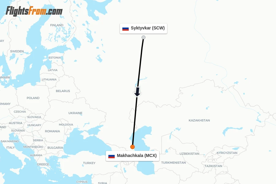 Flights from Syktyvkar to Makhachkala route map