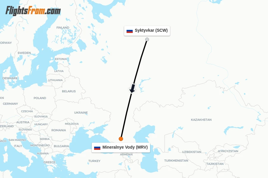 Flights from Syktyvkar to Mineralnye Vody route map