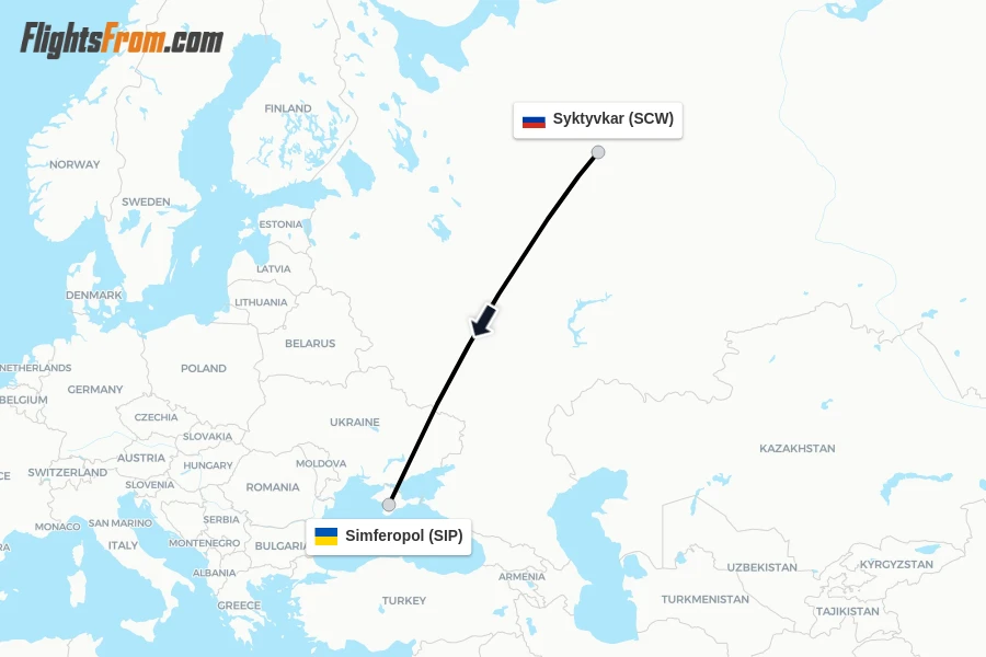 Flights from Syktyvkar to Simferopol route map