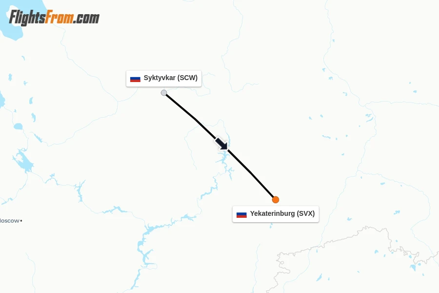 Flights from Syktyvkar to Yekaterinburg route map