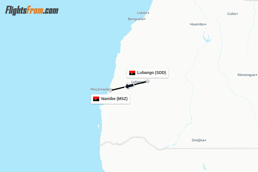 Flights from Lubango to Namibe route map