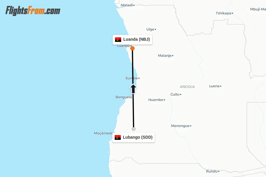 Flights from Lubango to Luanda route map