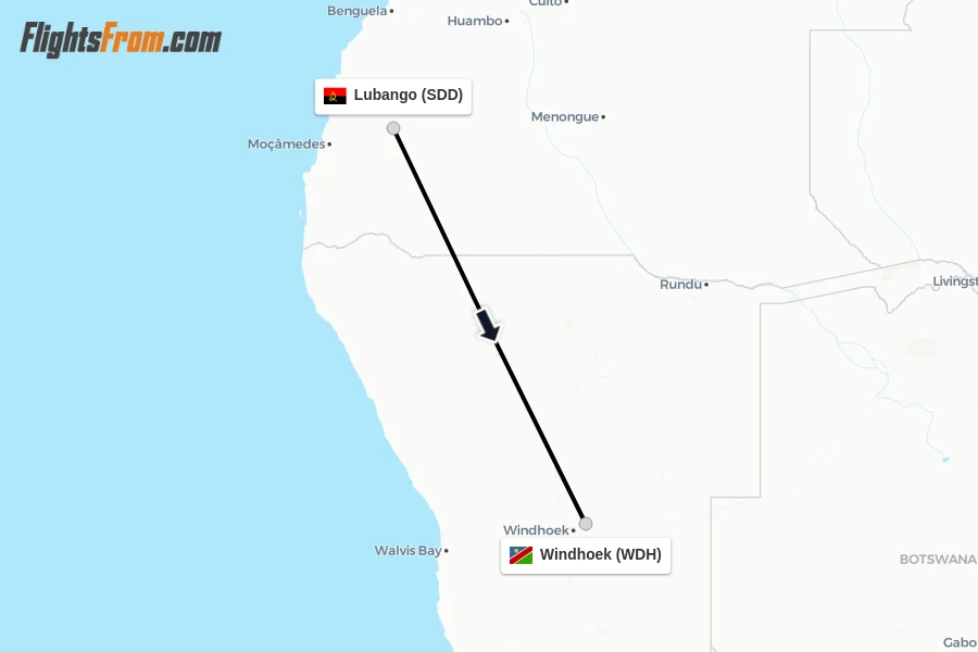 Flights from Lubango to Windhoek route map