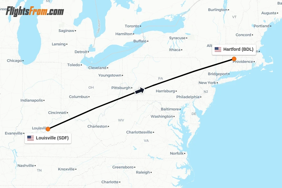 Flights from Louisville to Hartford route map