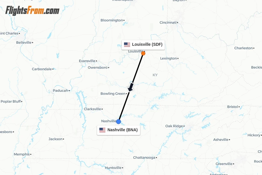 Flights from Louisville to Nashville route map