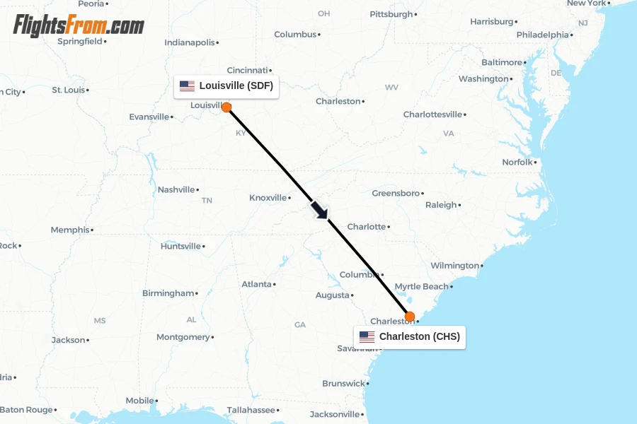 Flights from Louisville to Charleston route map