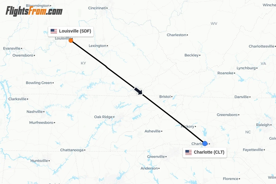Flights from Louisville to Charlotte route map
