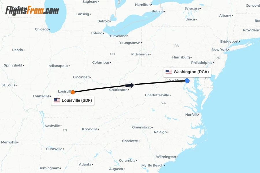 Flights from Louisville to Washington route map