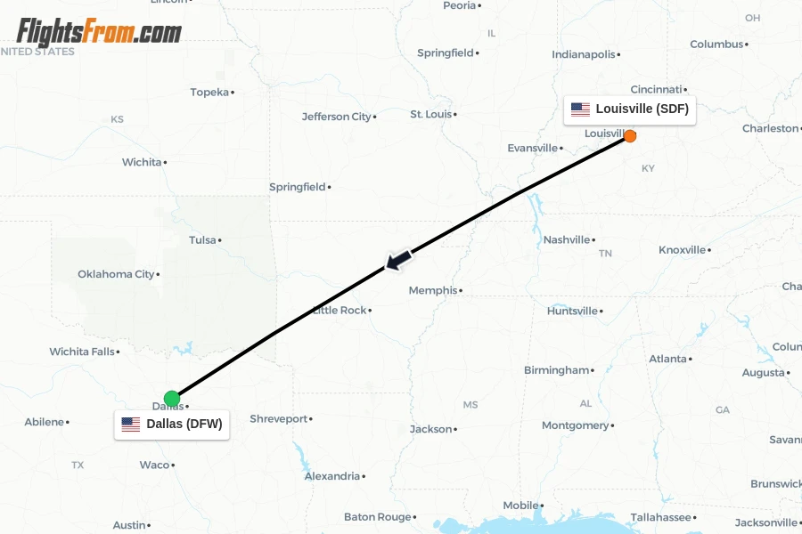 Flights from Louisville to Dallas route map