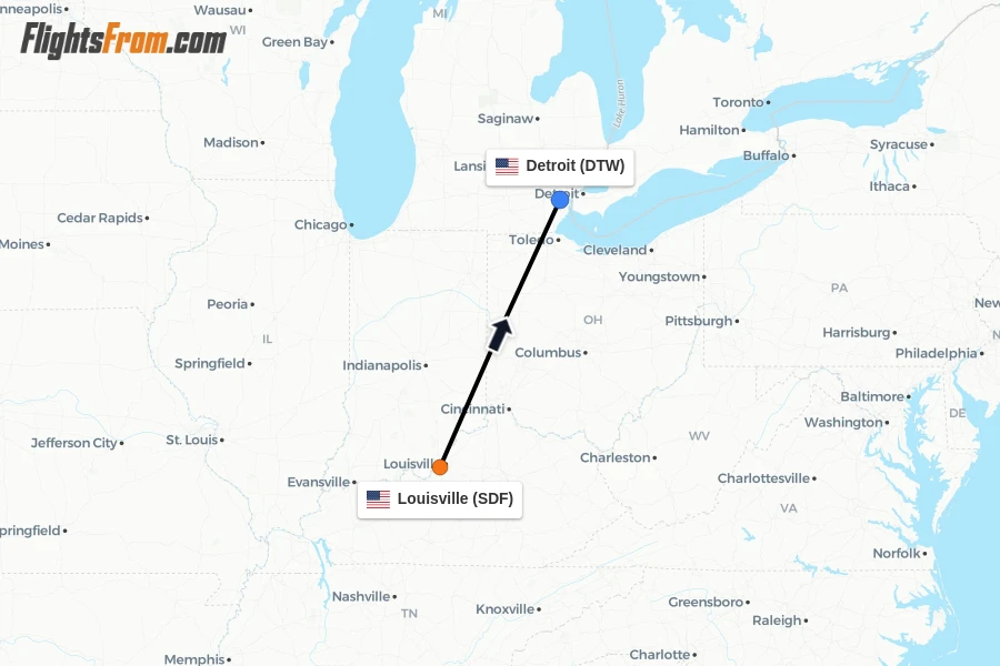 Flights from Louisville to Detroit route map