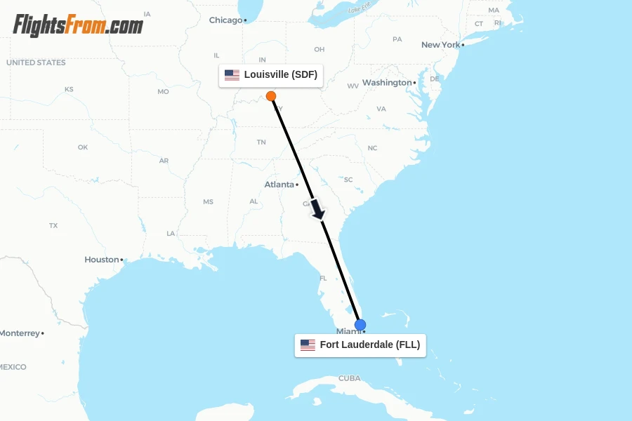 Flights from Louisville to Fort Lauderdale route map