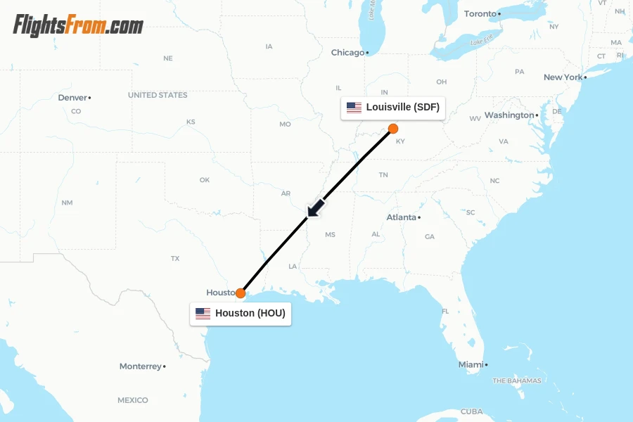 Flights from Louisville to Houston route map
