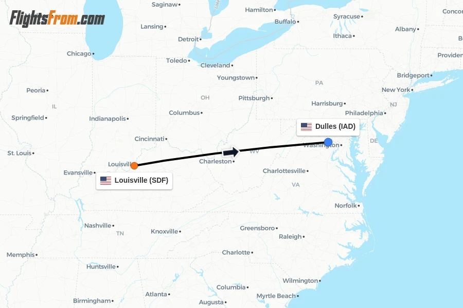 Flights from Louisville to Dulles route map